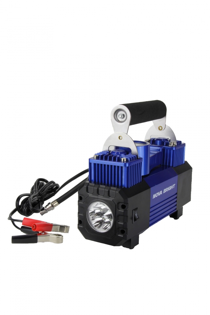 Компрессор "Nova Bright" АК-90 двухпоршневой, до 90 л/мин., 150 PSI, 12В, металл.корпус, пластик.кейс, цифровой ман., LED-фонарь, автостоп