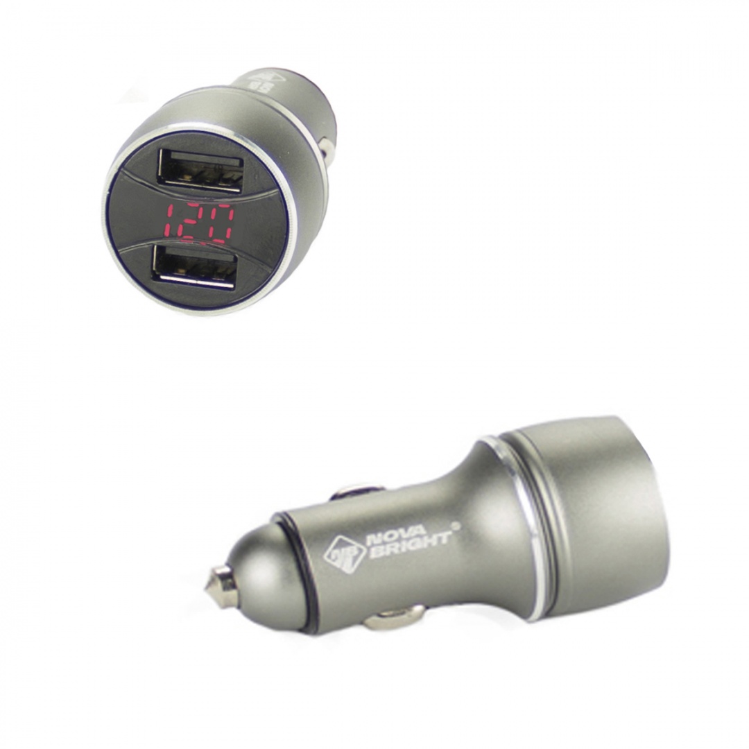 Зарядное устройство "Nova Bright" для моб.устройств, 2 USB-порта, 2100мА + цифровой LED вольтметр,  12/24В