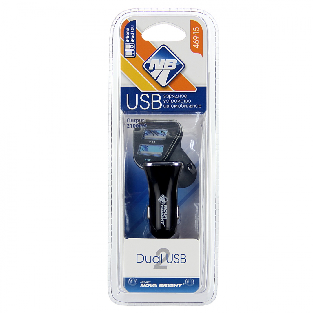 Зарядное устройство "Nova Bright" для моб.устройств, 2 USB-порта, 2100мА, LED индикатор, 12/24В