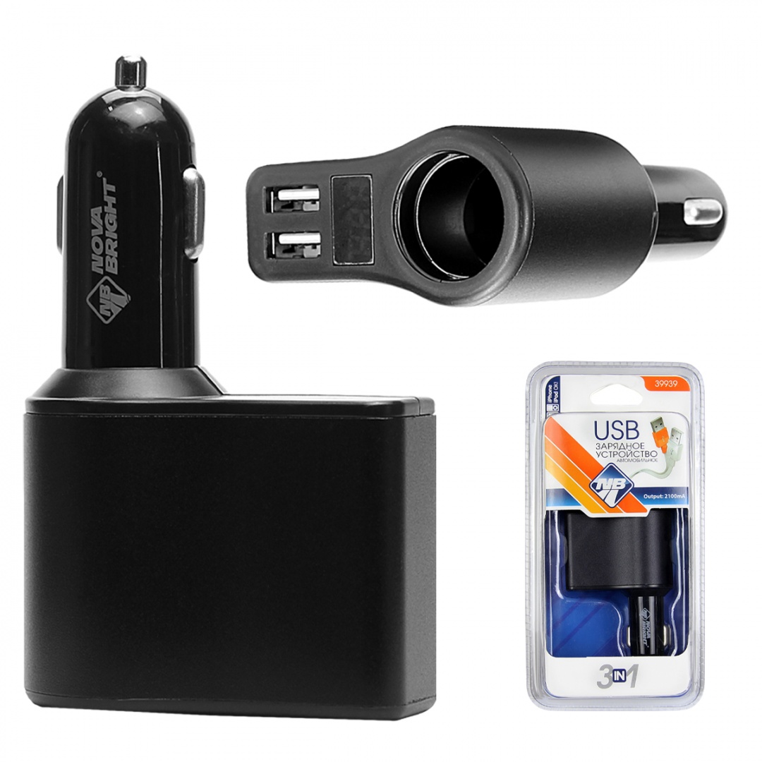 Зарядное устройство "Nova Bright" для моб.устройств+разветв. электропит.1гнездо+2USB-порта, 2100мА, цифровой вольтметр, LED подсветка, 12/24