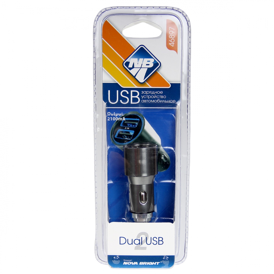 Зарядное устройство "Nova Bright" для моб. телефонов, 2 USB-порта, 2100мА, 12/24В