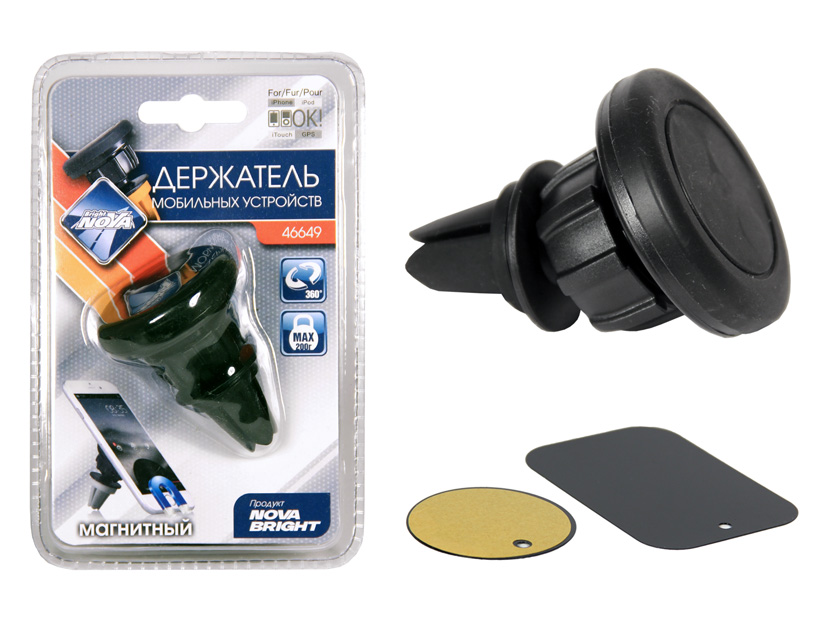 Держатель моб. устройств "Nova Bright" магнитный (круглый, шарнирное соединение) на дефлектор обдува 