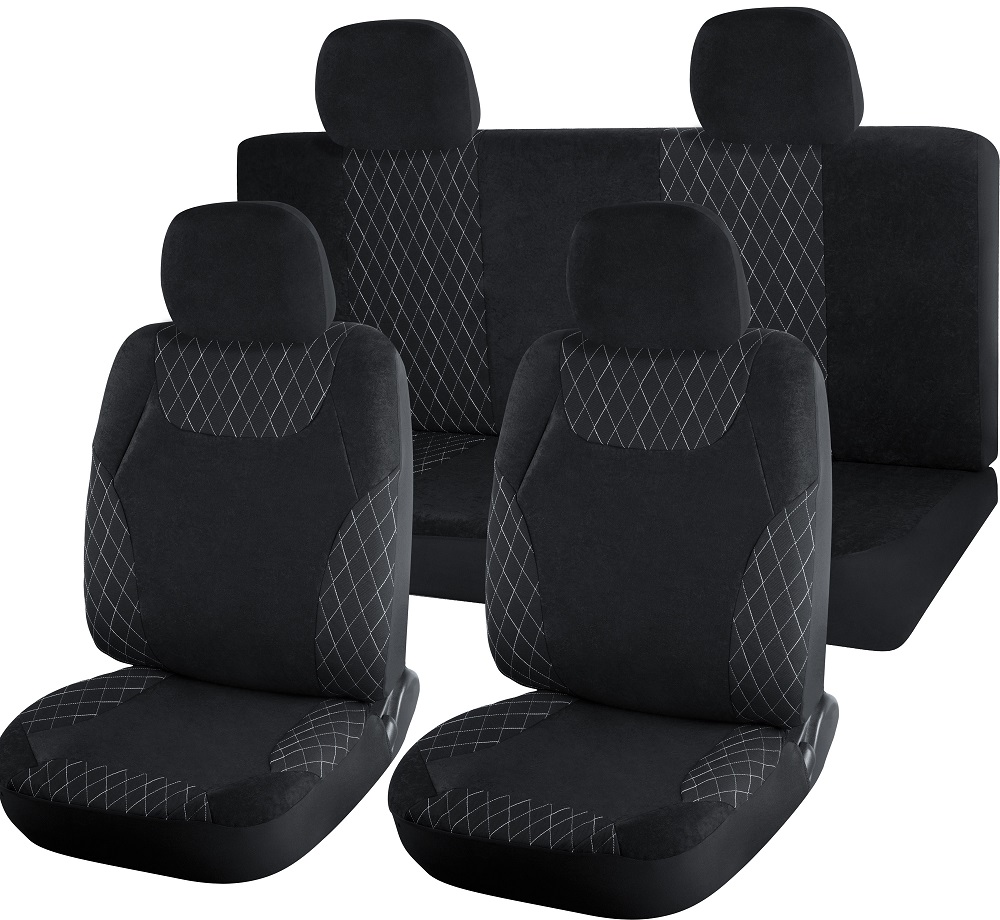 Чехлы на сиденья "Nova Bright-fusion" "SELECTION" черные, декоративная строчка белой нитью (11 предметов)