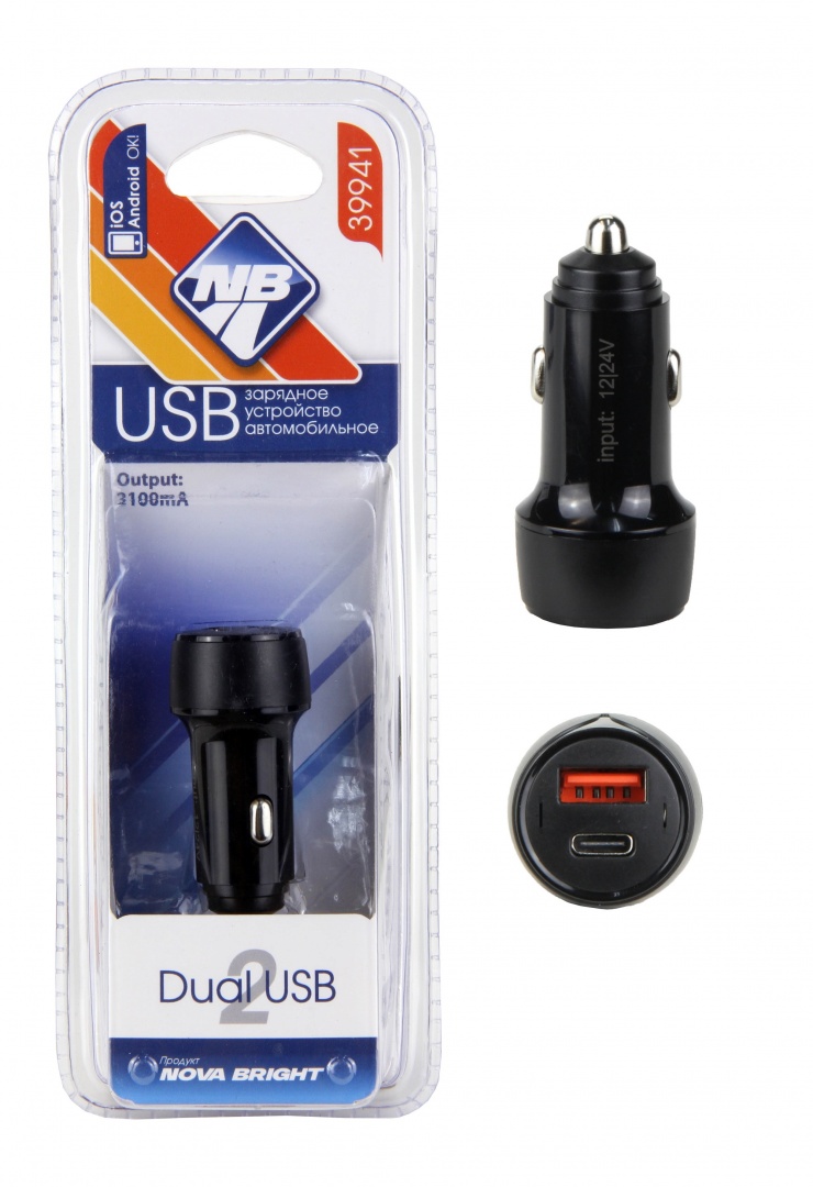 Зарядное устройство "Nova Bright" для моб.устройств, USB-порт+Type-C, 2100мА, LED индикатор, 12/24В
