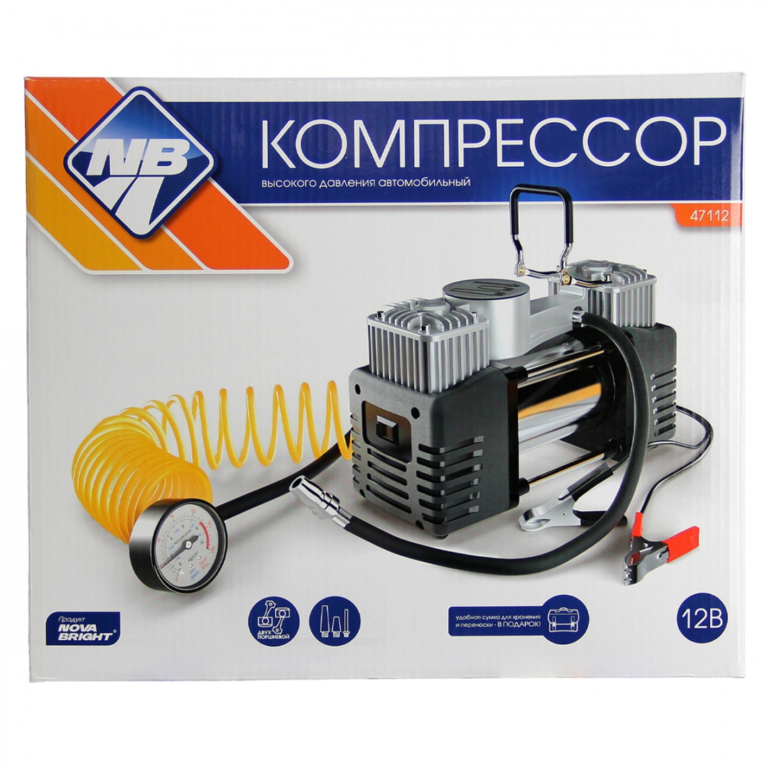 Компрессор "Nova Bright" АК-75 двухпоршневой, до 75 л/мин., 150 PSI, 12В, металлический корпус, в сумке
