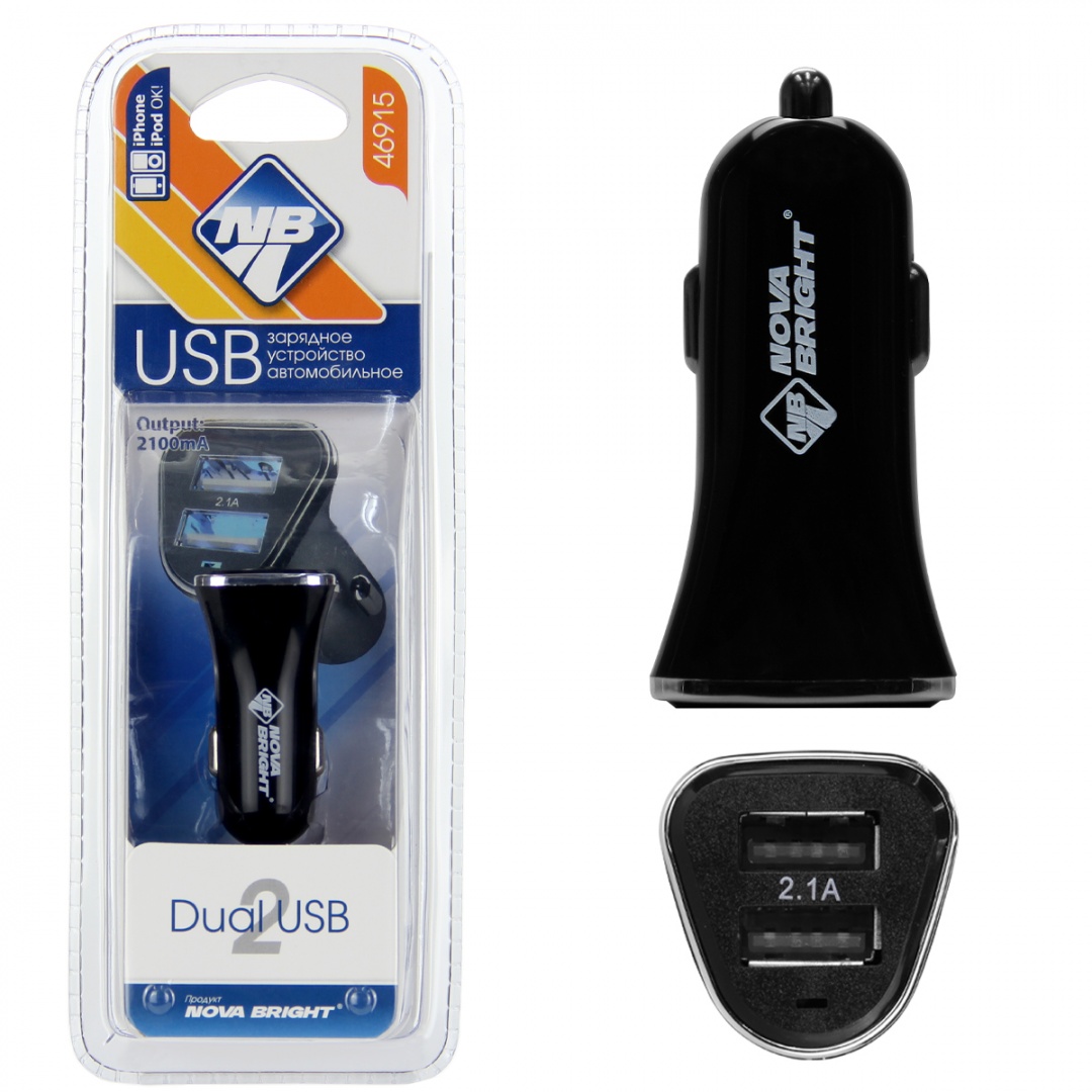 Зарядное устройство "Nova Bright" для моб.устройств, 2 USB-порта, 2100мА, LED индикатор, 12/24В